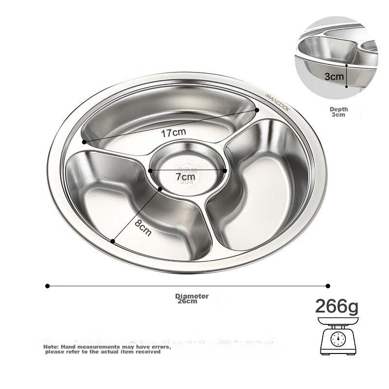 Maxcook (Maxcook) 304 Stainless Steel Divided Lunch Tray, Fast Food Plate, Student Meal Box, Four Compartments, Thickened And Enlarged, 25cm MCFT803