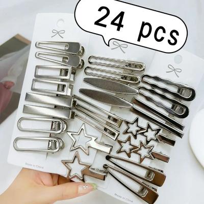 24 Teile/satz Y2K Silber Metall Haarnadeln für Frauen Mädchen Stern Haar Clip Mehrere Stile Nahtlose Entenschnabel Clip Mädchen Haar Accessoires