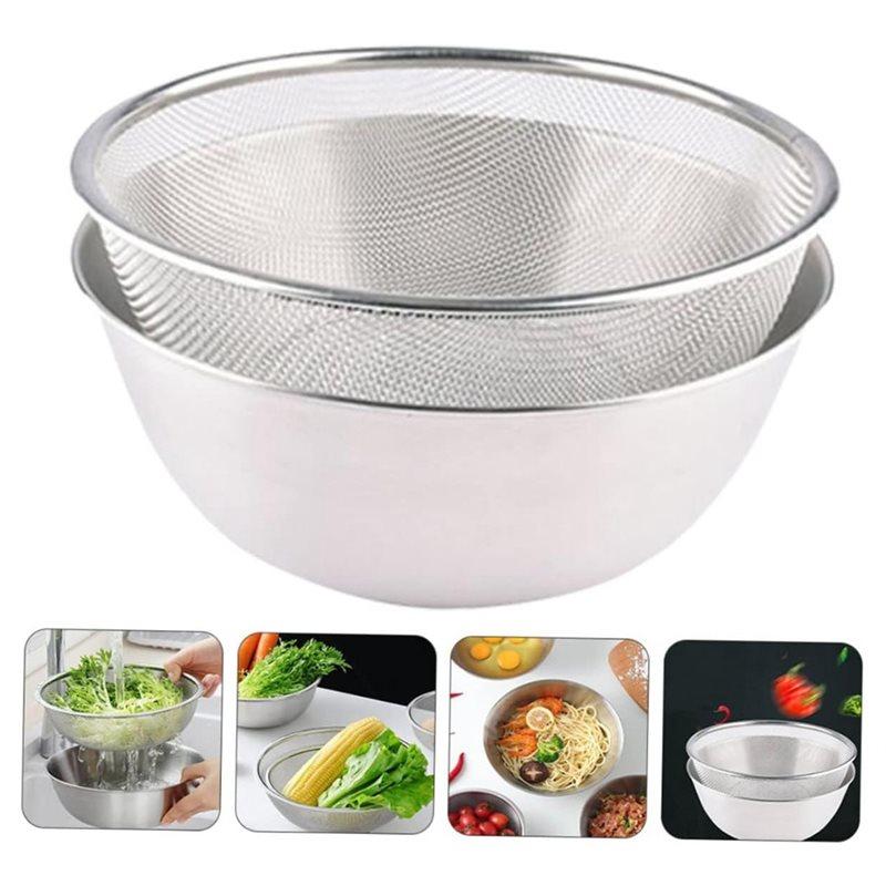 Gut abtropfender Korb und Schüssel Edelstahl Küchensieb-Set für Obst, Gemüse und Reis zum einfachen Waschen Küchenwerkzeug