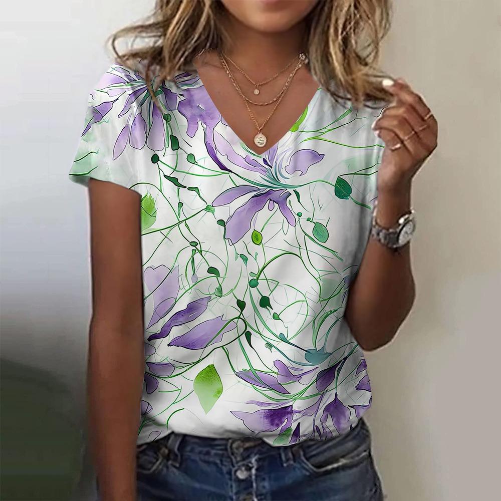 New Women T-shirt Simple Graphic Print Oversized Women's Trending Clothing Fashion Short Sleeve Shirt Women V-Neck Blouse 2024