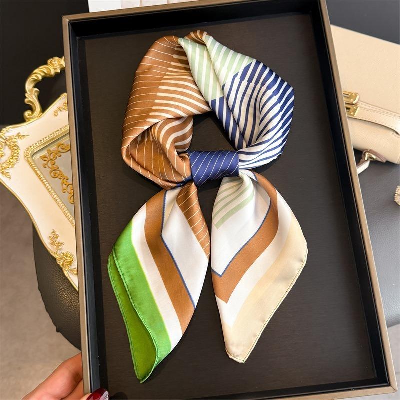 Spring Summer Simple Striped Printed Silk Like Scarf For Women