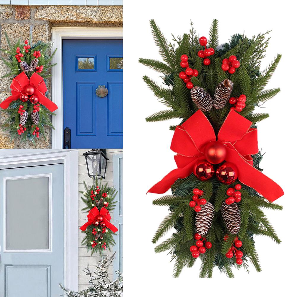 

2 Pcs Christmas Swag with Red Bow 18Inch Artificial Xmas Wreath Plastic Christmas Stair Garland for Stair Front Door Decoration China Mainland