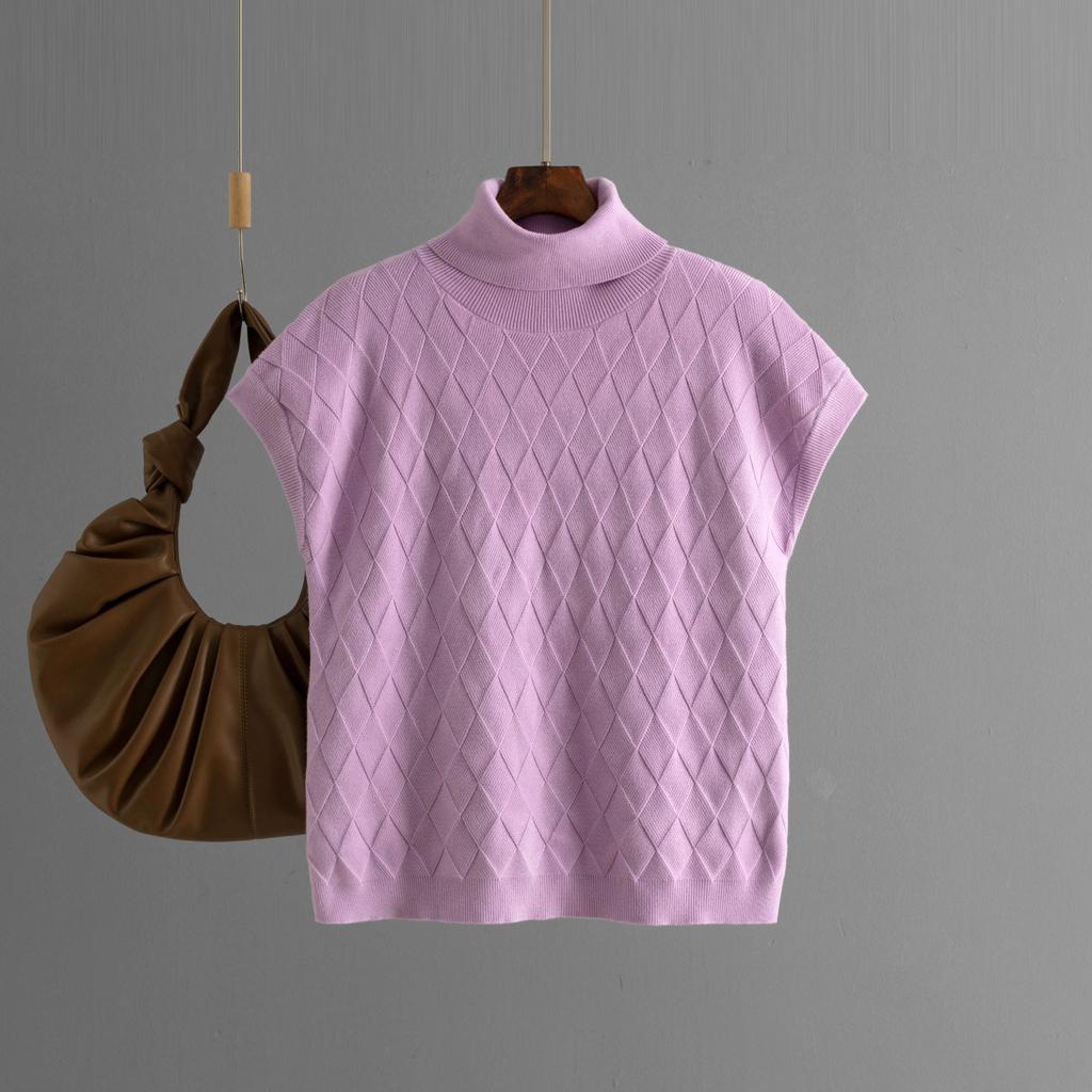 Maglione Autunnale a Collo Alto Senza Maniche Lavorato a Maglia a Scacchi, Top da Donna Largo Casual alla Moda, Camicia Base