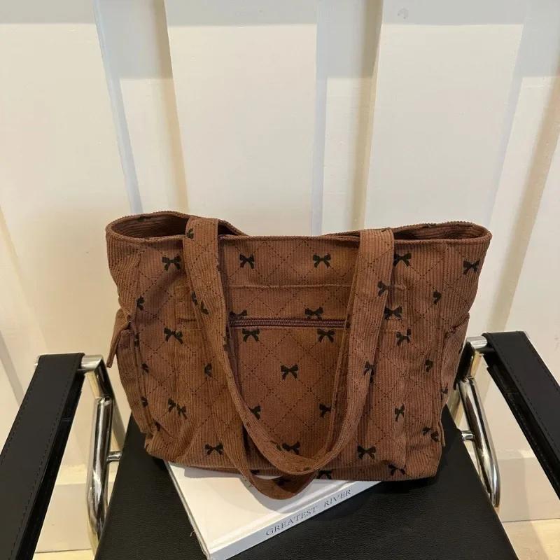 Corduroy Tote Bag Bow Pattern Shoulder Bag Large Capacity Fashion Underarm Commuting Handbags Shopping Bags Eco-friendly Handbag