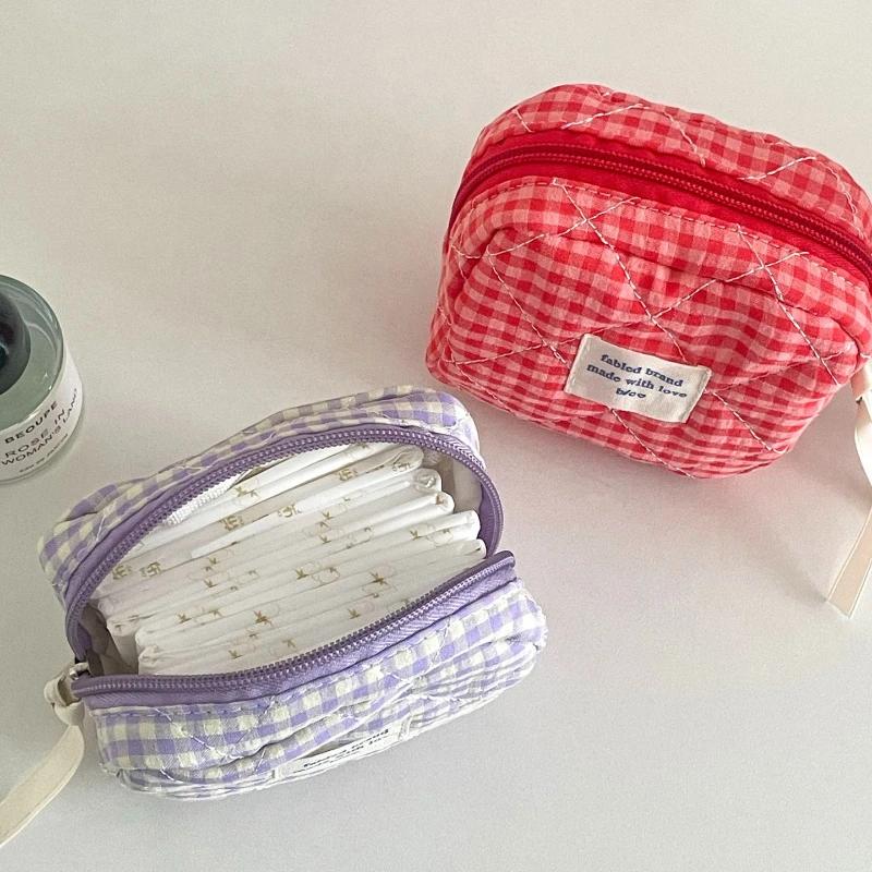 Quilted Cotton Ladies Small Storage Bags Purse Pillow Female Makeup Pouch Case Handbags Contrast Color Plaid Women Cosmetic Bag