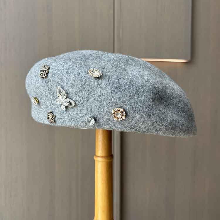 Tide British retro wool woolen rhinestone beret lady three-dimensional painter hat autumn and winter face small pumpkin bud hat