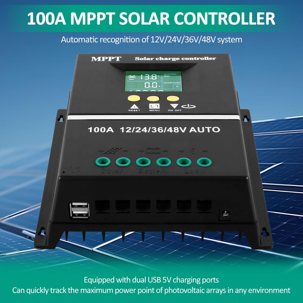 Solarladeregler 100A MPPT LCD-Anzeige Solarbatterie-Regler 12/24/36/48V mit Doppel-USB-Ladeanschluss 7 Modi