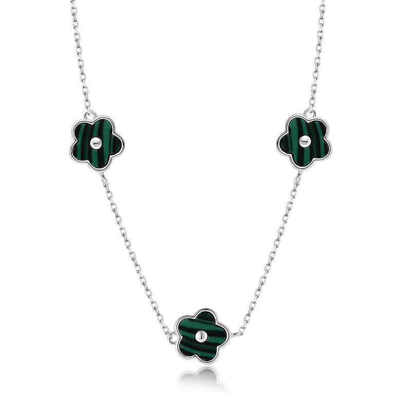 Retro Five-Flower Malachite & S925 Silver Clavicle Necklace for Women S925 Silver малахитовая зелень