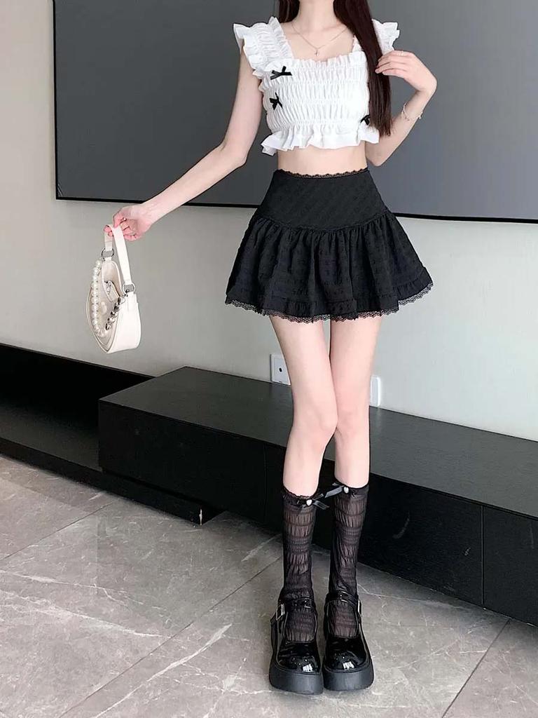Damen Minirock Y2K Hohe Taille Spitze Rüschen Minirock mit Shorts A-Linie für Tägliche Party Schwarz