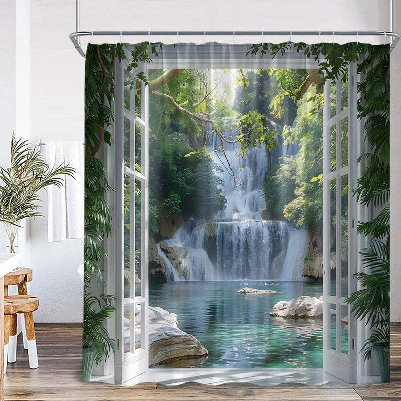 Waterfall Landscape Shower Curtain Forest Lake Window Outside Nature Scenery Modern Home Bathroom Decor Bath Curtains With Hooks