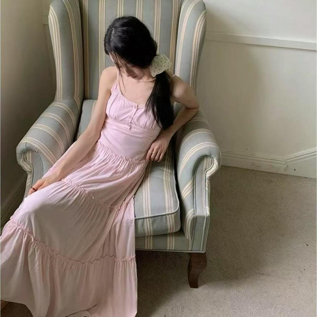 Dopamine niche design waist thin seaside vacation dress sweet super fairy pink sweet suspender dress