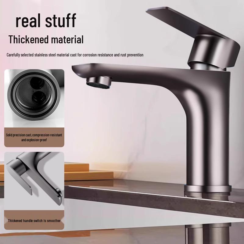 Thickened Stainless Steel Basin Faucet for Home Use - Hot & Cold Water Compatible