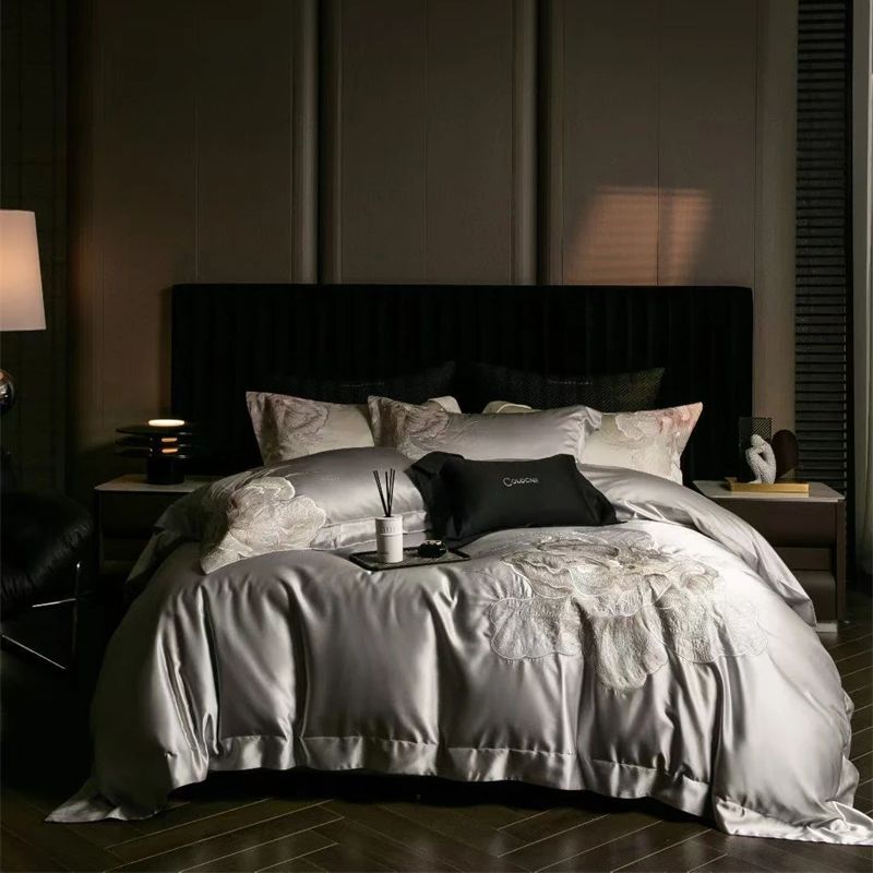 

High Precision Damask Egyptian Cotton Flowers Embroidery Luxury Bedding Set Duvet Cover Flat/Fitted Bed Sheet Pillowcasess 4Pcs Flat Bed Sheet&Queen 200X230cm 4pcs