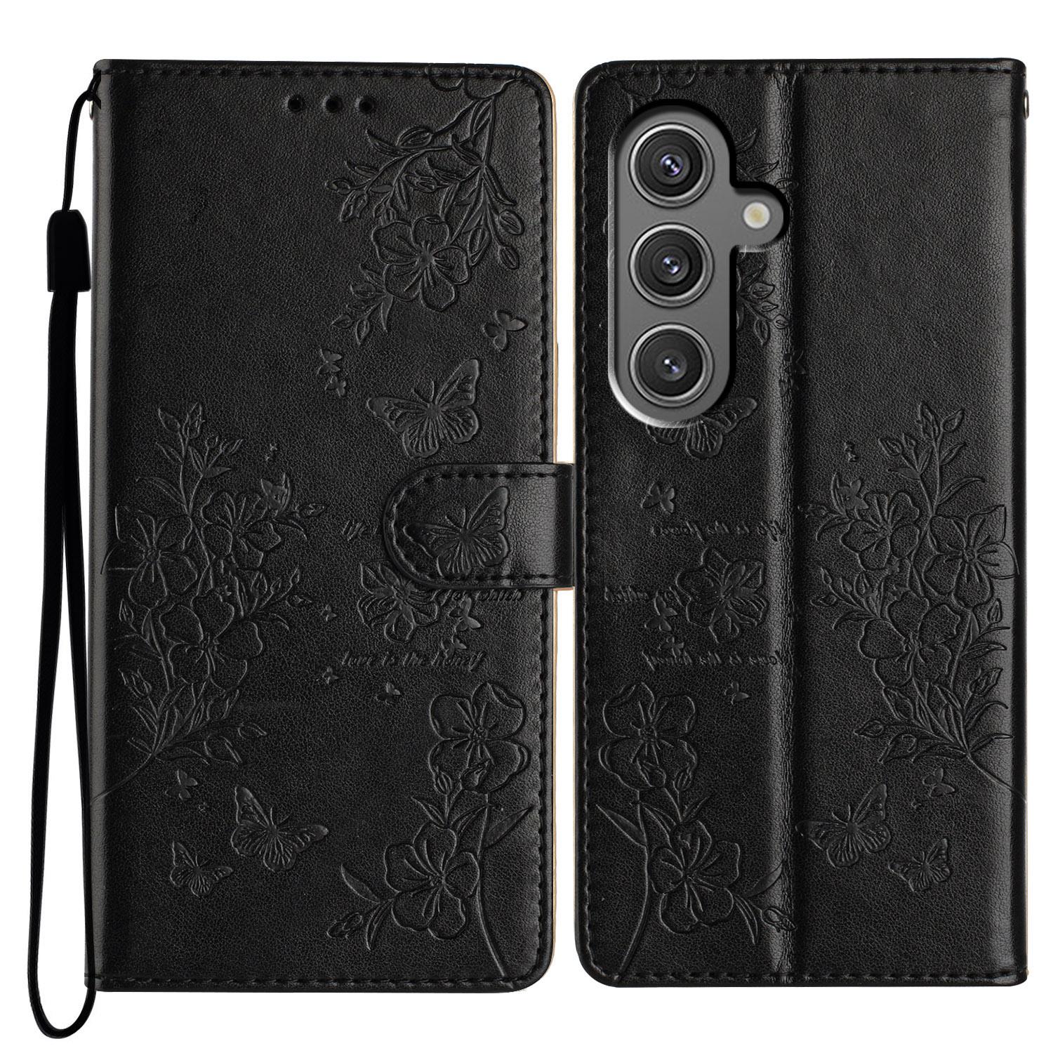 

For Samsung Galaxy S24 FE Wallet Phone Case Butterfly Floral Imprint Leather Shockproof Cover Black
