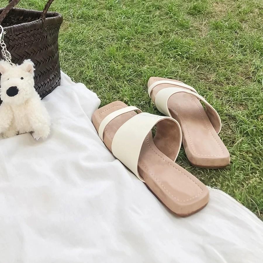 Rindslederversion~ Koreanische quadratische Zehensandalen für Damen-Oberbekleidung 2025 Sommer neue dicksohlige flachsohlige Sandalen Halbschuhe