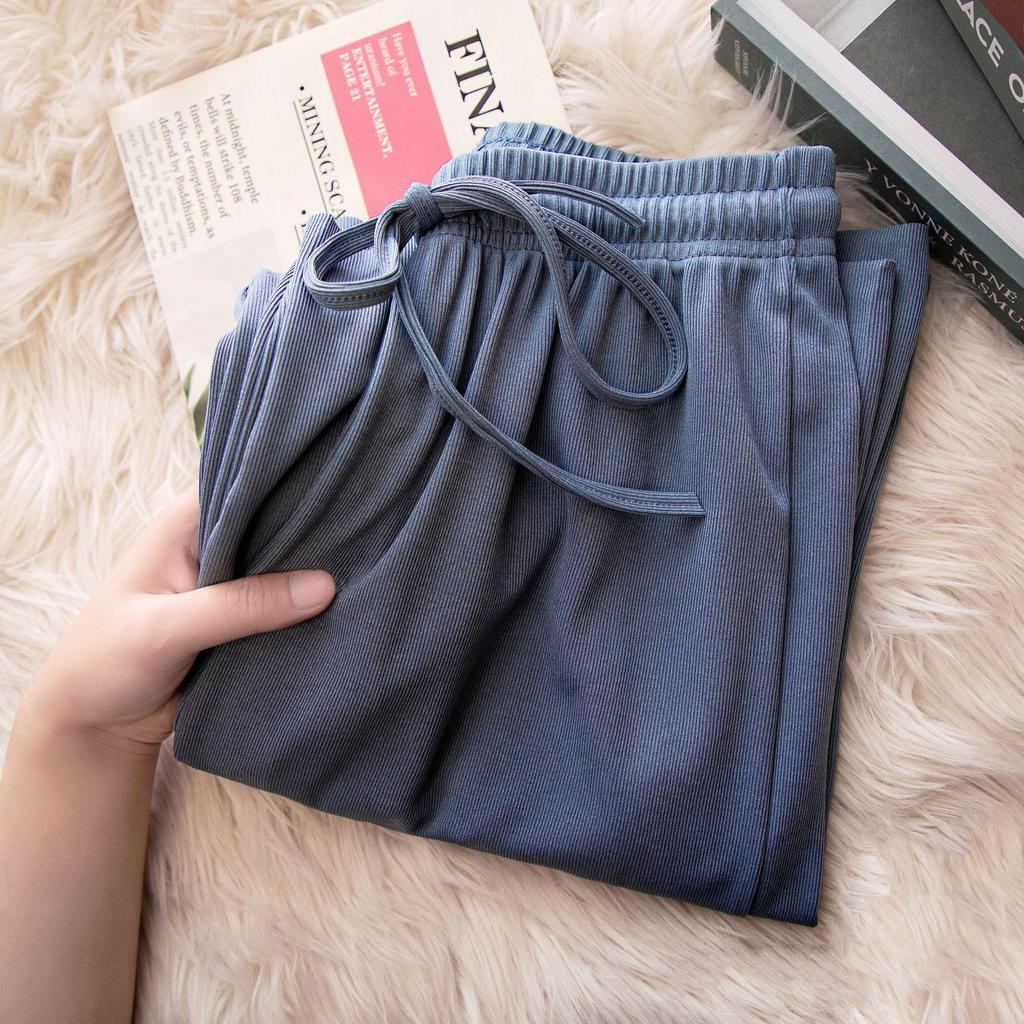 Pantaloni Larghi Estivi da Donna a Vita Alta in Seta Ghiacciata - Modellanti, Drappeggiati, Casual da Studentessa, Vestibilità Larga, Gamba Dritta Stretta.
