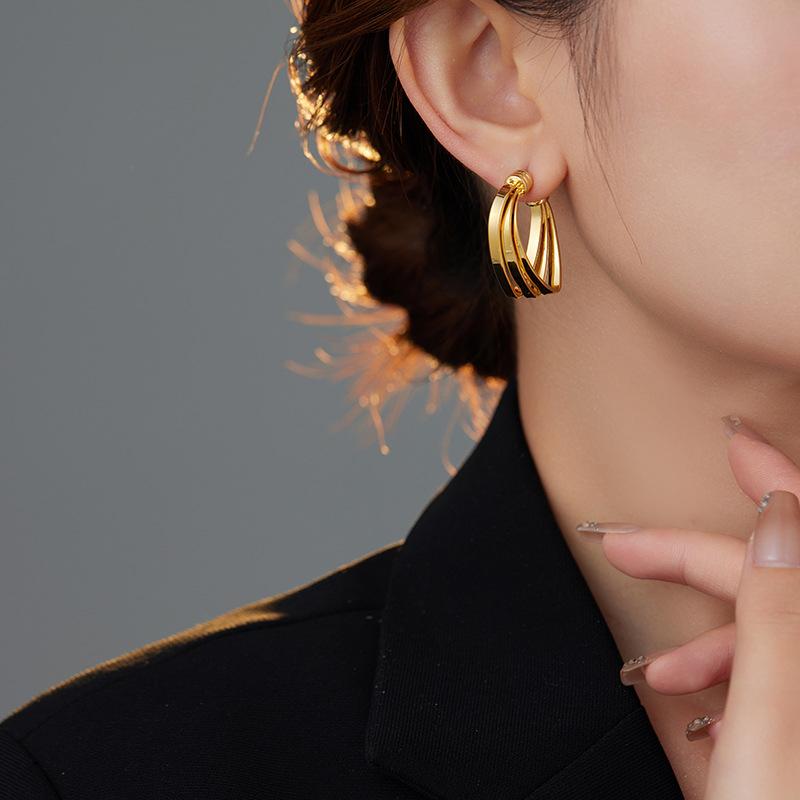 Three-layers Hollow C-shaped Women's Drop Earrings Gold Color Curved Metal Dangle Earrings Silver Color Geometry Ear Jewelry