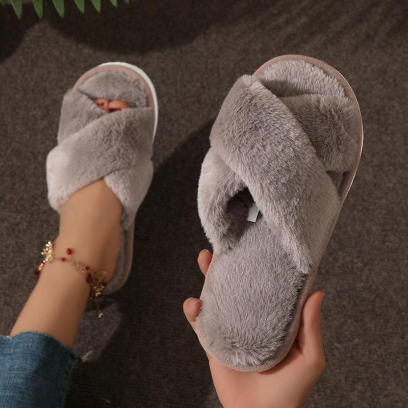 Fashion Women Fluffy Slippers Cross Band Soft Plush Cozy House Shoes Furry Open Toe Indoor Outdoor Slip Warm Anti Skid Sole