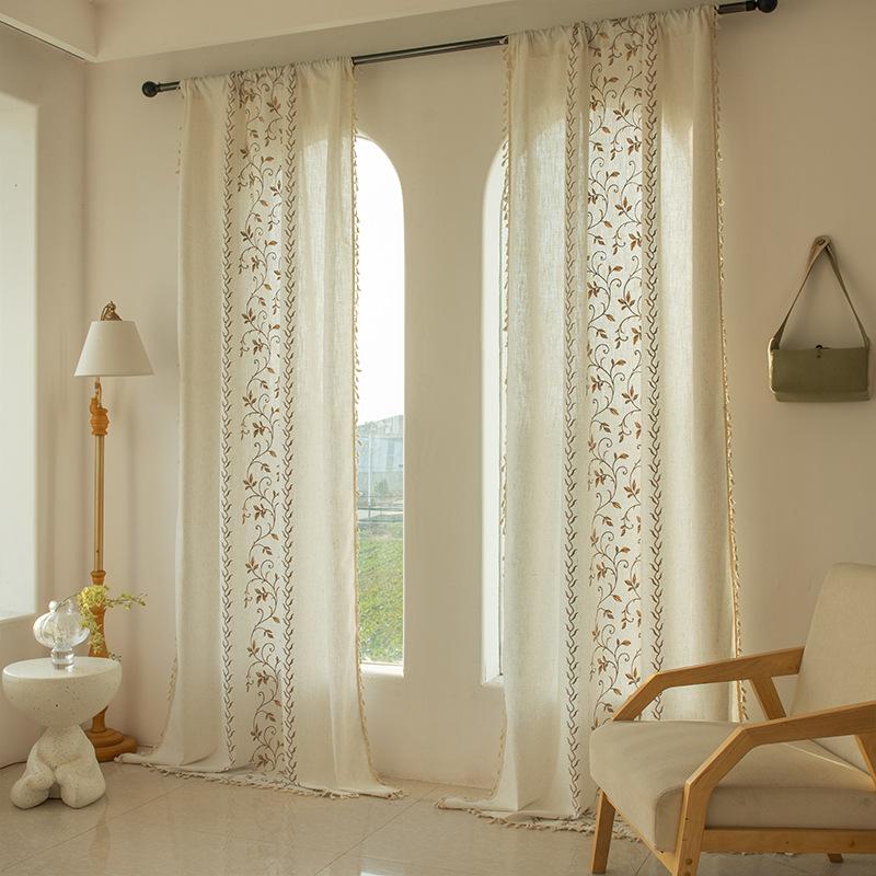 American Style Cotton Linen Fringe Embroidered Floral Semi Blackout Short Curtains for Living Room Bedroom Balcony Kitchen