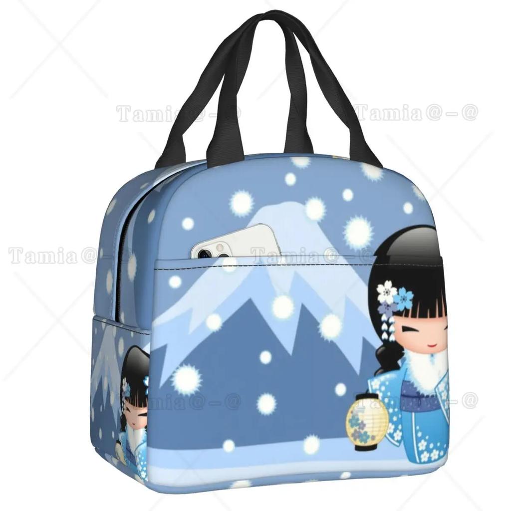 Japanese Red Sakura Kokeshi Doll Insulated Lunch Bag for Women Resuable Cute Girly Cherry Blossom Thermal Cooler Lunch Box