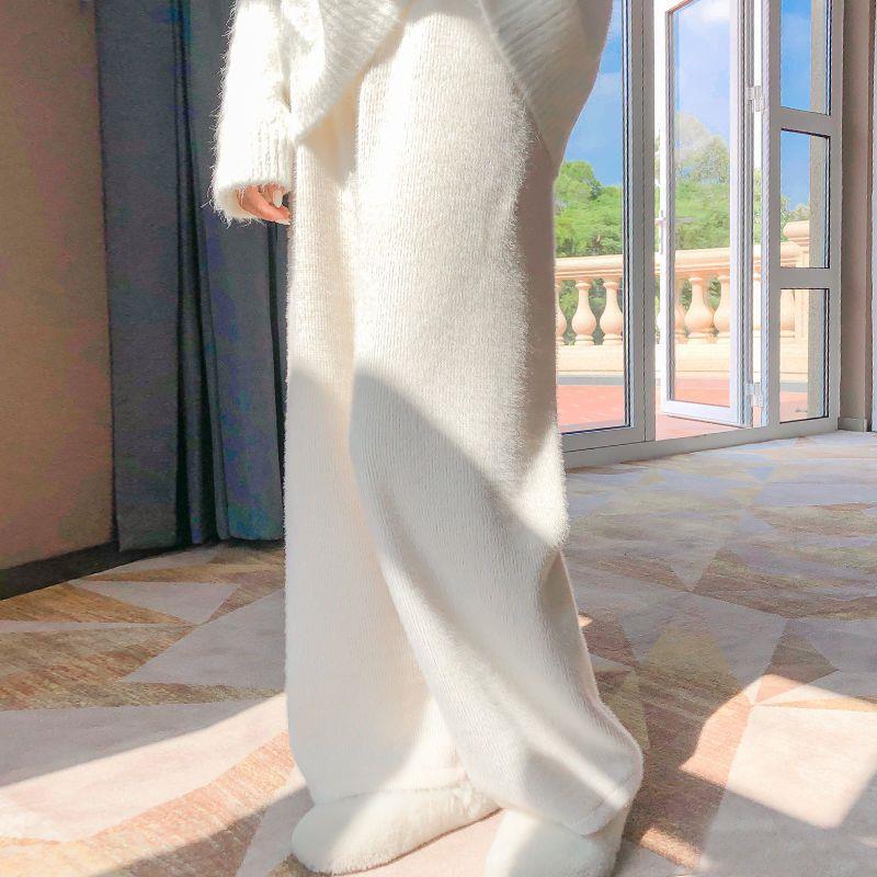 Dámské podzimní a zimní pletené kalhoty nadměrné velikosti se širokými nohavicemi, jednobarevné