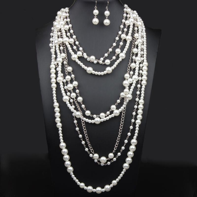 Elegant Multilayer Pearls Necklace and Earrings Set for Women Featuring Handmade Beading and Fashionable Designs
