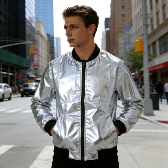 Men Coat Stand-Up Collar Threaded Cuffs Long Sleeve Jacket Coat Golden Stamping Shiny Outerwear Versatile Spring Autumn Casual Wear