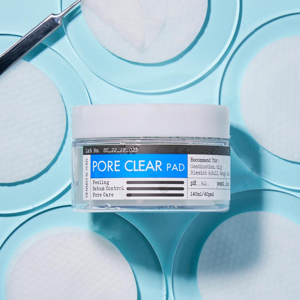 DERMA FACTORY Pore Clear Pad – Vegan AHA 4% & BHA 0.5%, Exfoliating & Sebum Control Toner Pads, Korean
