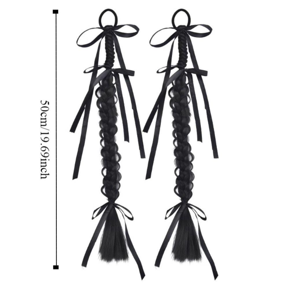 1Pair Fried Dough Ribbon Bow Double Ponytail Handmade Long Braiding Hair Extensions  Women/Girls