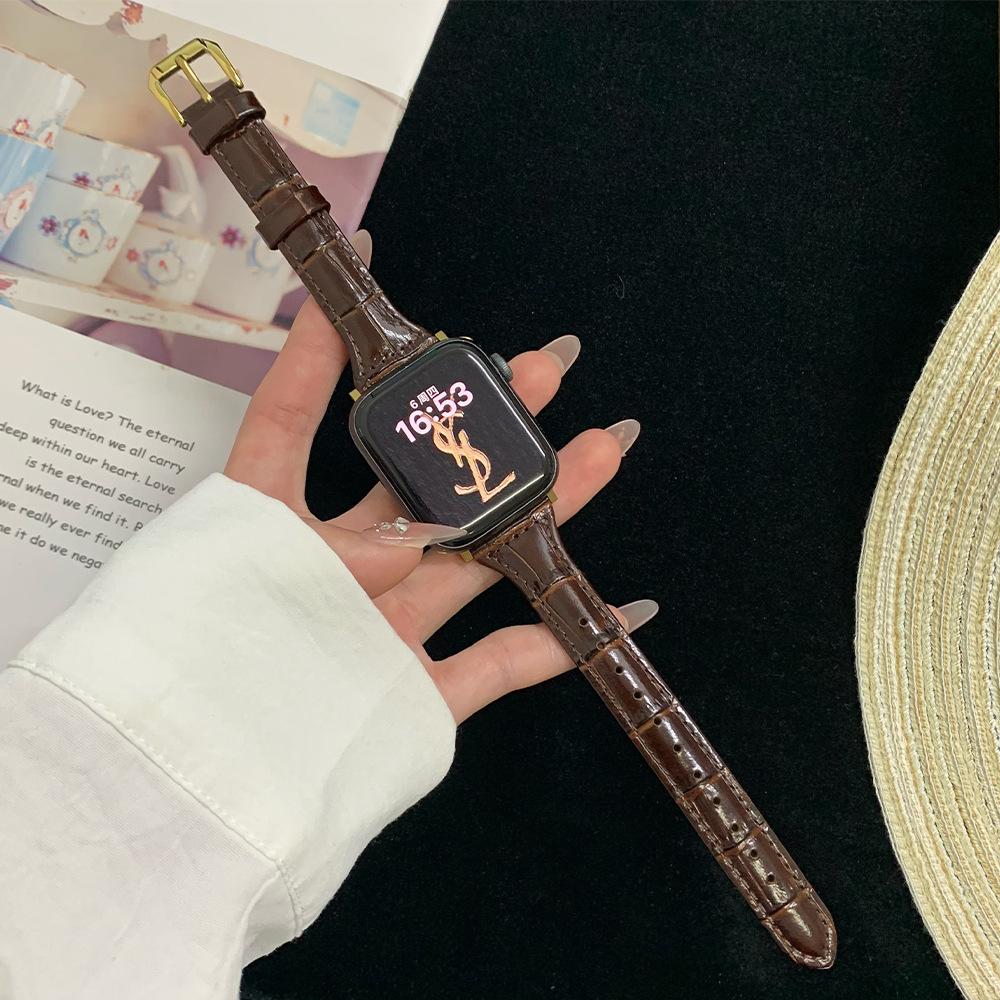 

For Ultra Apple S11 Watch applewatch109876SE Small Waist Lacquered Bamboo Leather Strap Applicable: huawei fit3/4/4pro темно-коричневого кольору