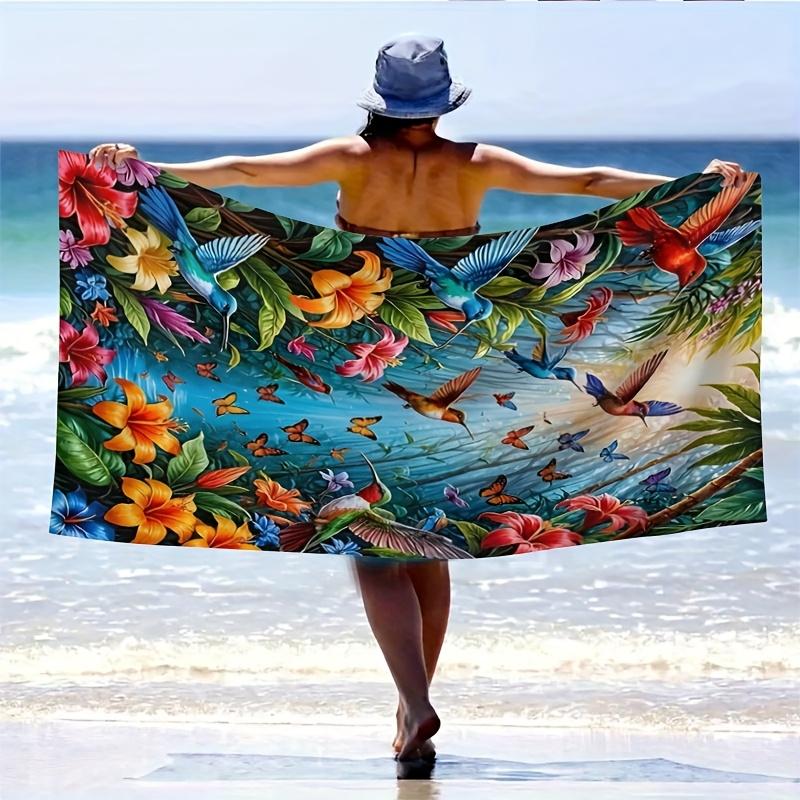 Toalla de Playa Grande de Secado Rápido con Estampado de Pájaros Florales, Poliéster Suave y Grueso para Yoga, Natación, Running