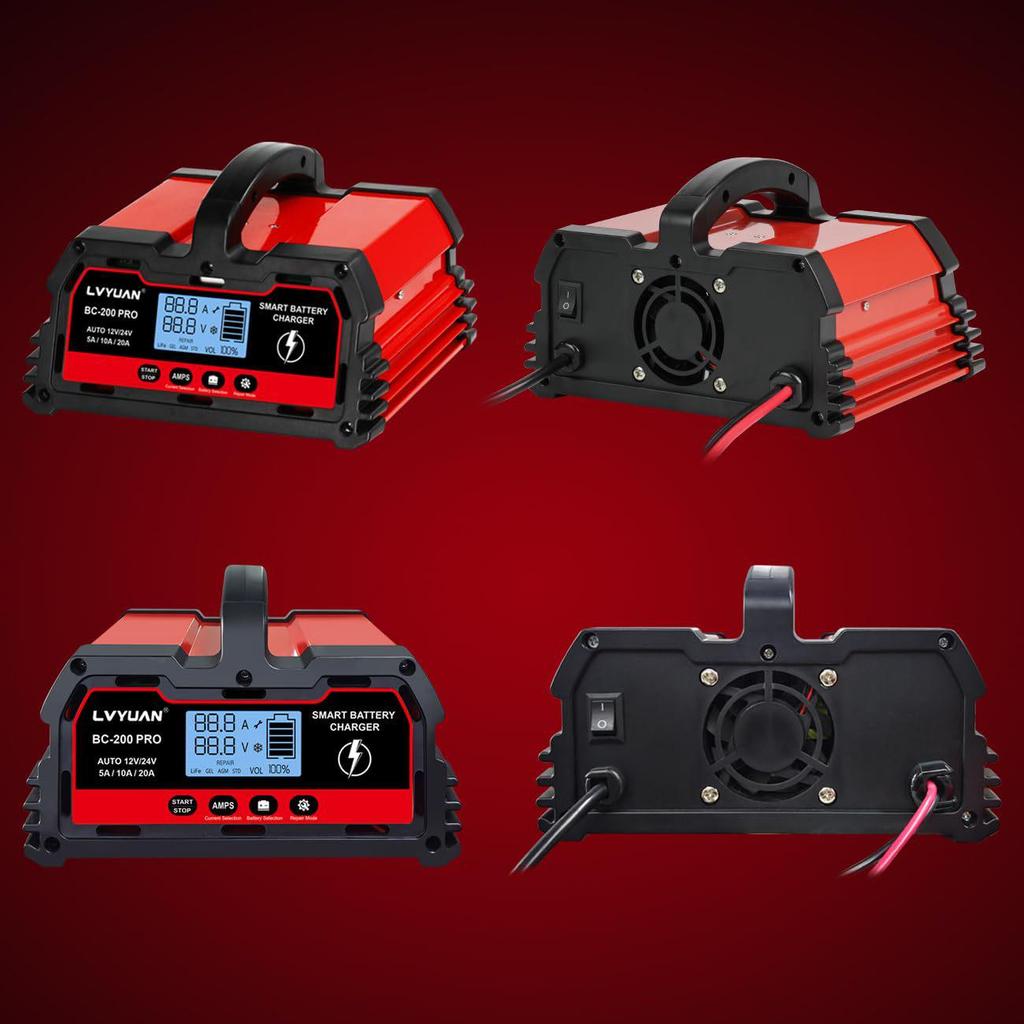 Smart 12V/24V Car Battery Charger - 10A/20A/25A/30A Lead-Acid & Lithium Repair Charger
