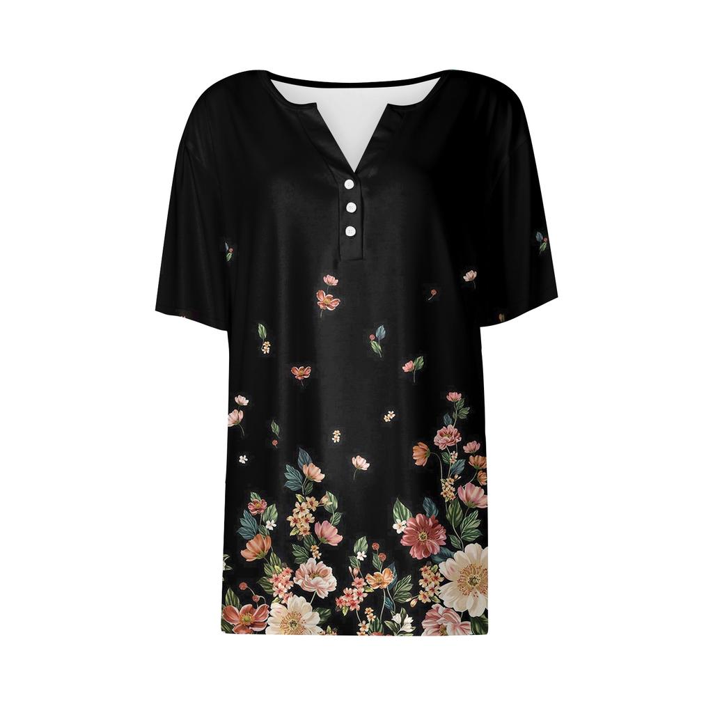 Women's Fashionable Casual Short-sleeved Retro Printed V-neck Top