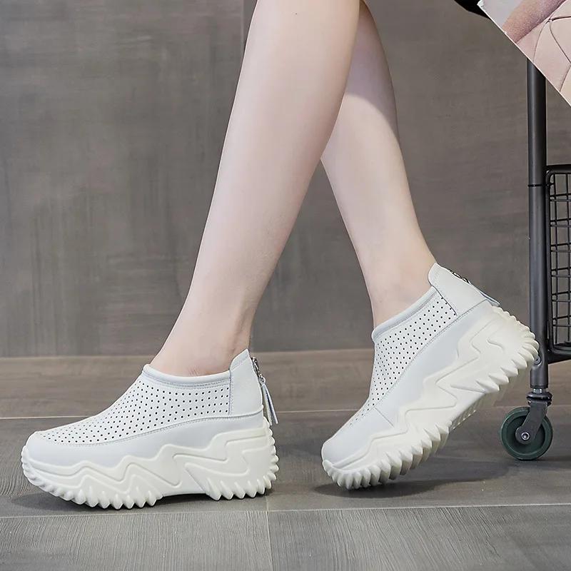 Fashion High quality 7CM Genuine Leather Shoes Sandals Platform Wedge Women Chunky Sneakers Ladies Casual Hollow Summer Vulcanized shoes