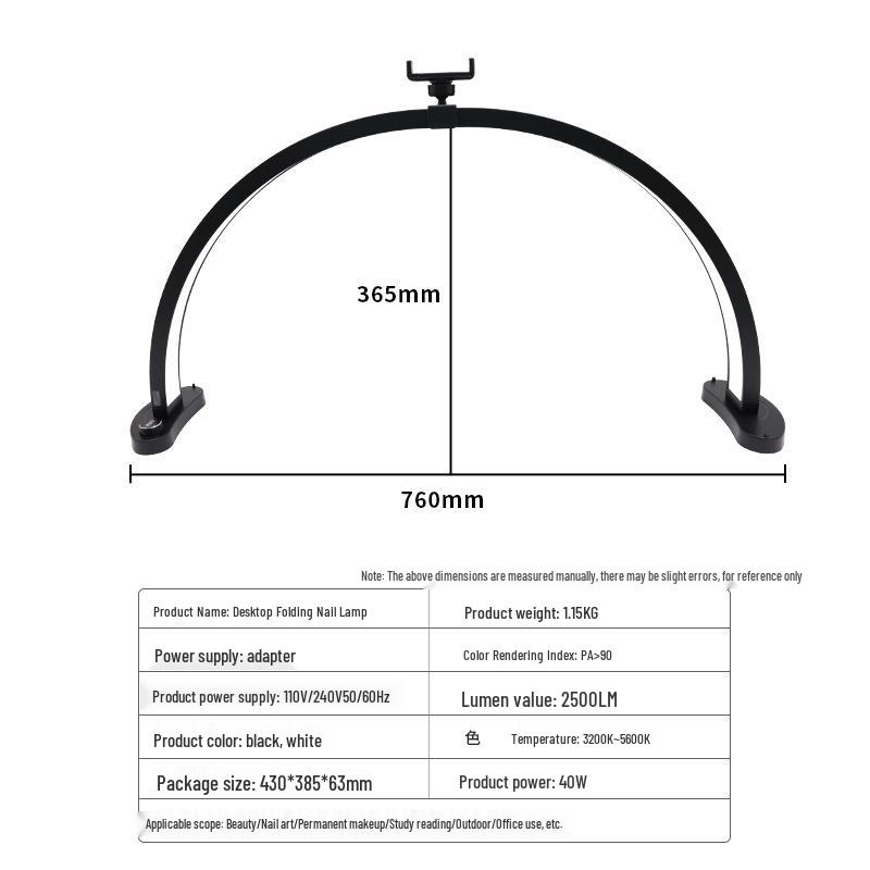 28-Inch Folding Half-Moon Beauty Light, 40W Rechargeable U-Shaped Lamp for Microblading, Eyelash Extension, Manicure & More