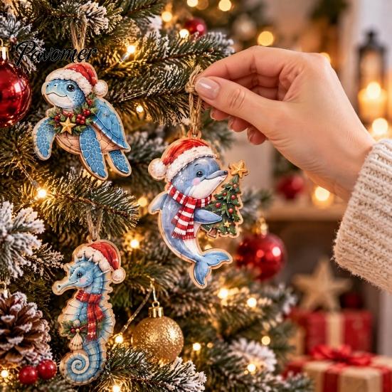Ocean Theme Christmas Ornaments Wooden Sea Animal Pendants, 2D Flat Themed Cartoon Figures, Decorative Winter Party Hanging Decorations Banner