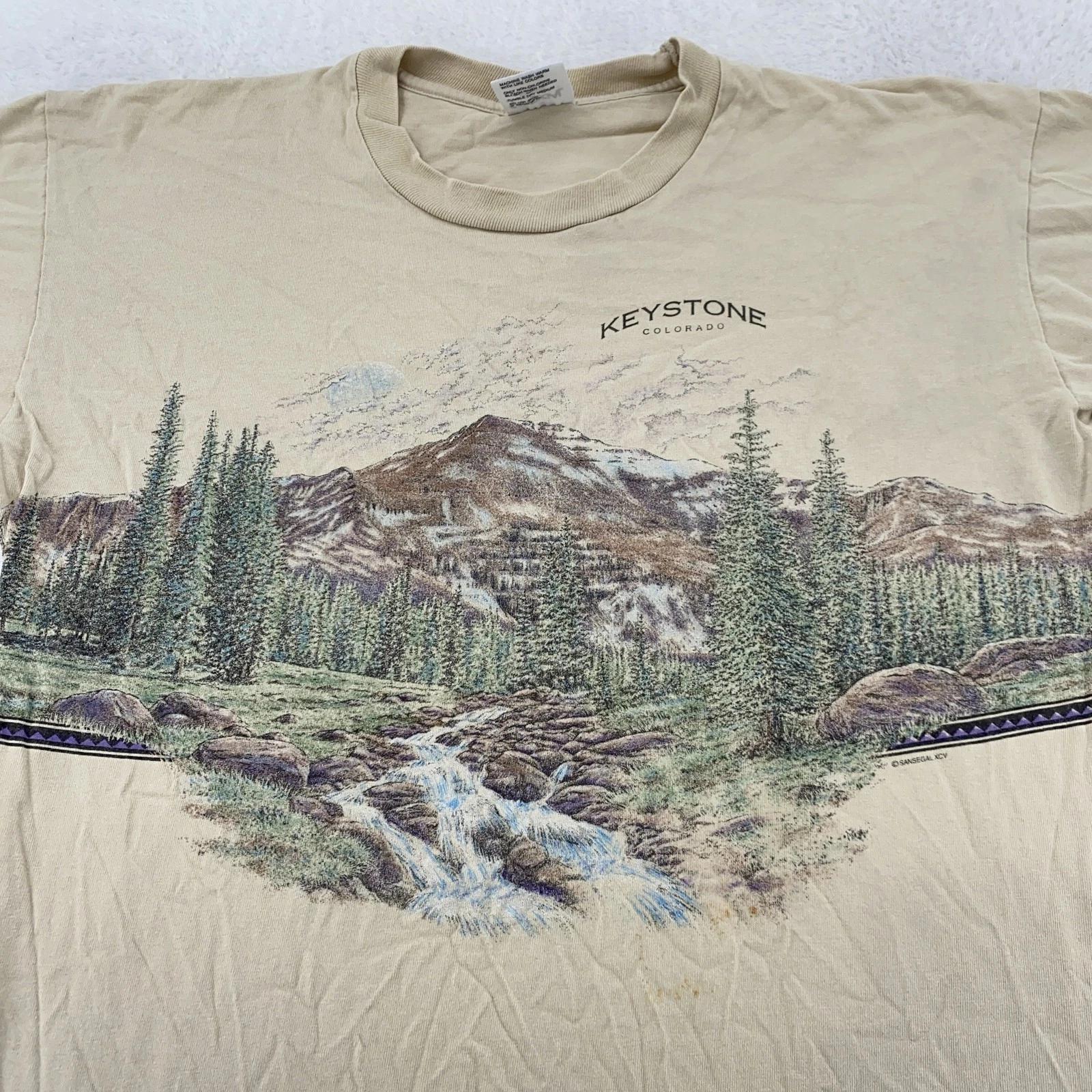 

Vintage Keystone Colorado Shirt Mens L Tan Scenic Mountain USA 90s Tee S