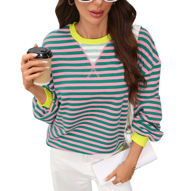 VEZFAA Women's Fashion Casual Spring Autumn Stripe Print Long Sleeve O-Neck Blouses & Shirts