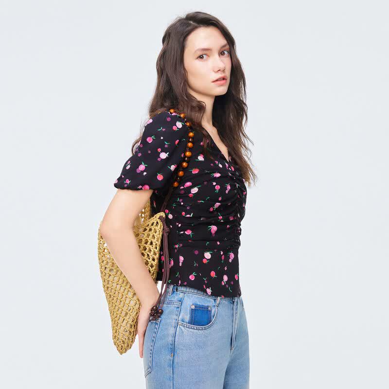 Women s French Floral Print V-Neck Short Sleeve Blouse S