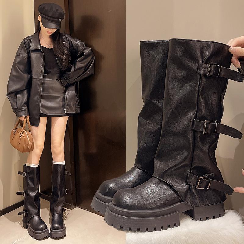 Fashion Designer Women's High Boots Chunky Fad Knee High Shoes Winter 2025 Chelsea Boots New Trend Goth Leather Motorcycle Mujer Botas