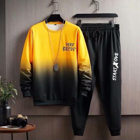 2 Pcs/Set Men Top Pants Suit Gradient Contrast Color Long Sleeve Round Neck Loose Elastic Waist Ankle Banded Hip Hop Sports Tracksuit Fall Spring Top