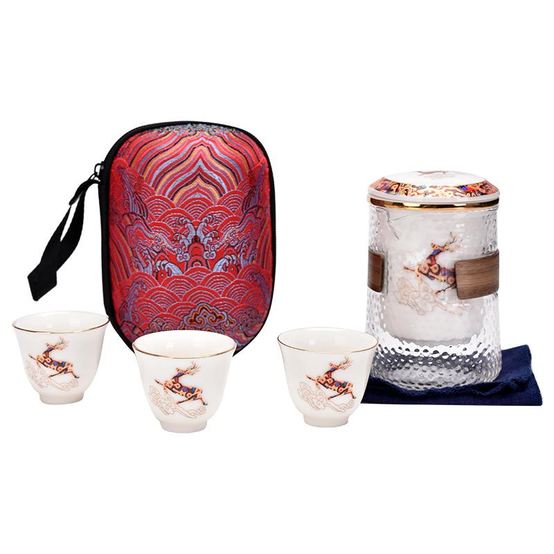 Fuxing Deer Ceramics Carry-on Pot of Three Cups Portable Travel Tea Set Glass Kuaike Cup