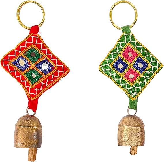 Vintage Handmade Keychain with Metal Bell Pendant, Decorative Cotton Patch Keyring, Unique Antique-Style Gift for Home and Car Lovers