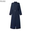 ZANZEA Autumn Spring Women Lapel Collar Belted High Waist Split Long Sleeve Casual Maxi Dress