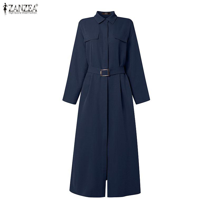 ZANZEA Autumn Spring Women Lapel Collar Belted High Waist Split Long Sleeve Casual Maxi Dress