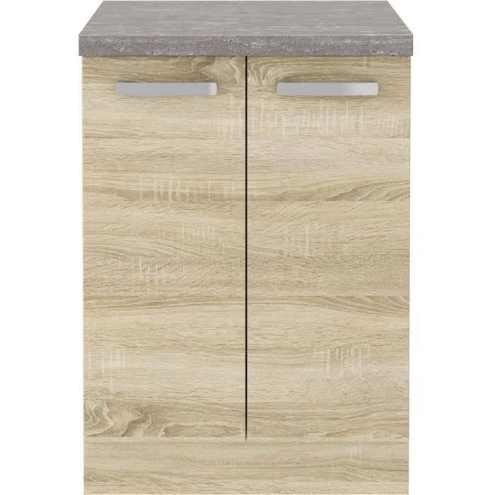 Meuble bas 2 portes battantes - Décor chêne sonoma - L 60 x P 51,6 x H 85 cm - LASSEN