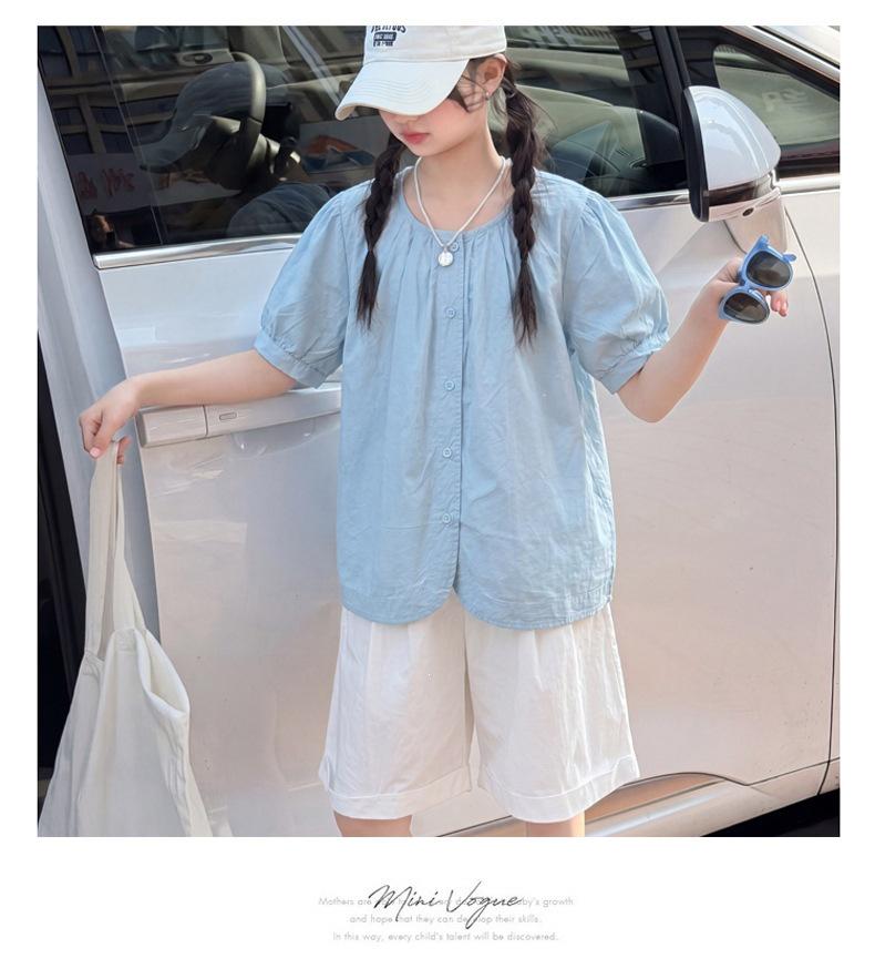 Girls' Korean Style Short-Sleeve Doll Shirt & Casual Shorts Two-Piece Summer Set