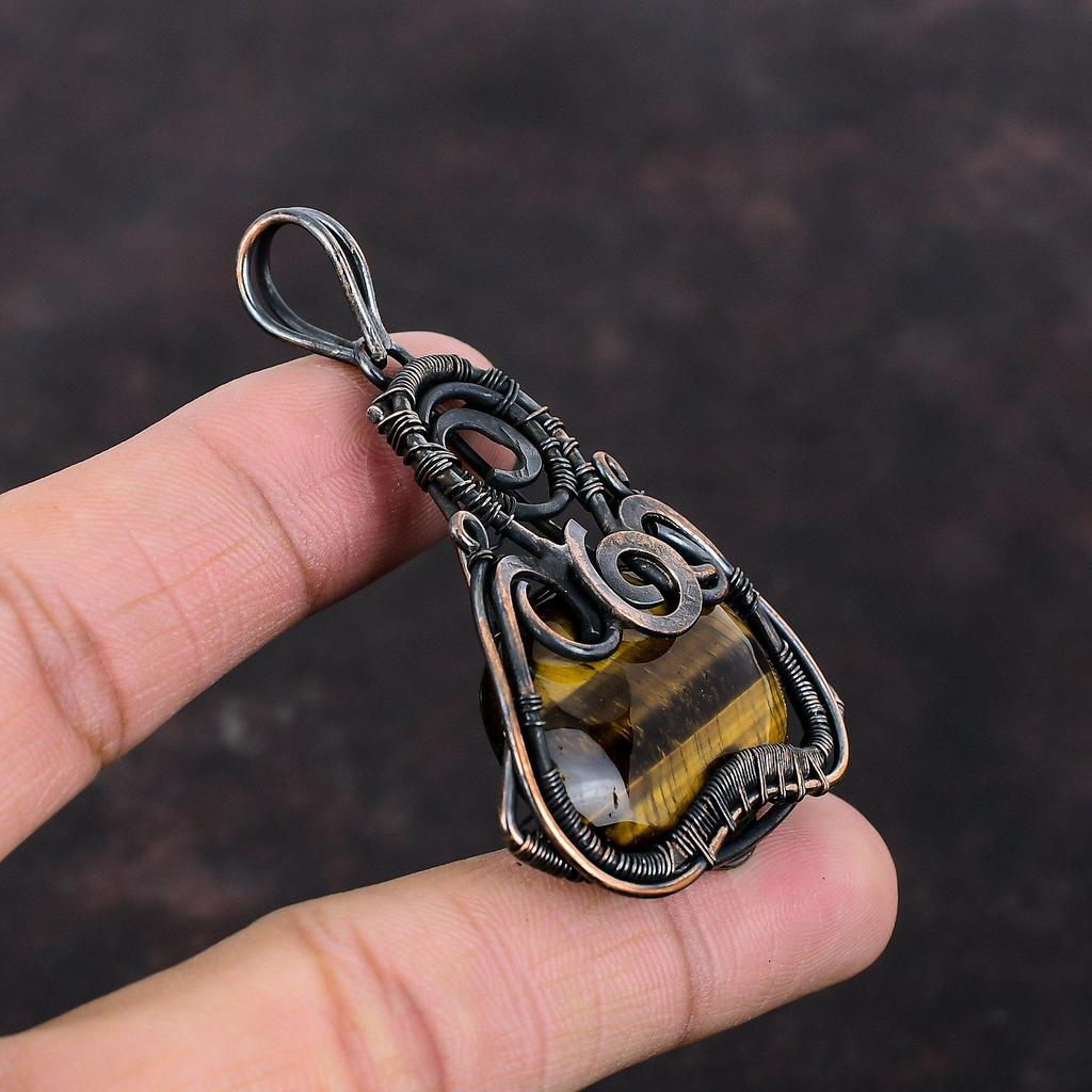Tiger's Eye Pendant Copper Wire Wrapped Pendant Gemstone Pendant Unique Copper Design Jewelry Handmade Pendant Wire Wrapped Jewelry For Gift