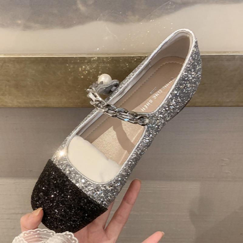 Rhinestone Pearl Buckle Mary Jane Flat Shoes Women's Spring and Autumn Princess Shoes