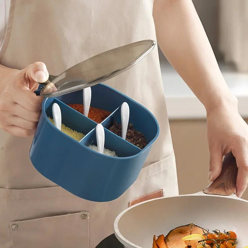 Press Type Four Compartment Transparent Lid Seasoning Box with Spoon for Kitchen